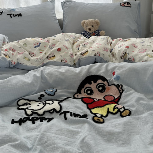 简约卡通ins少女可爱蜡笔小新毛巾绣水洗棉四件套床单学生三件套 - 图2