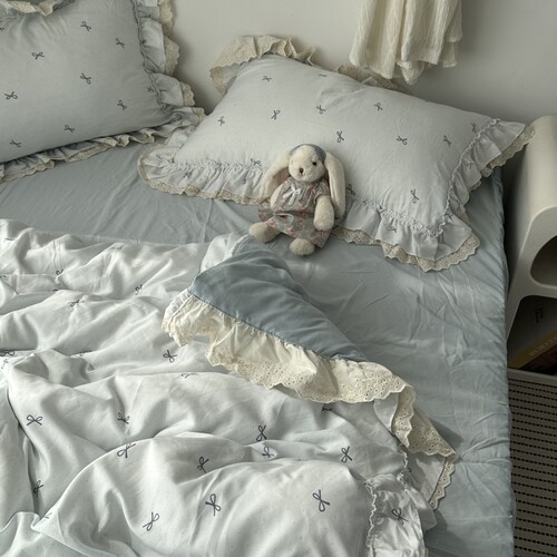 韩系ins少女心蝴蝶结双层花边针织水洗棉四件套床上用品三件套1.8 - 图1