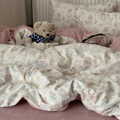 韩系少女ins可爱兔兔条形灯芯绒牛奶绒四件套冬天珊瑚绒三件套1.8 - 图0