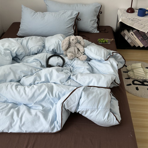 中古ins简约纯色少女蝴蝶结绑带水洗棉四件套软糯亲肤床品三件套 - 图3