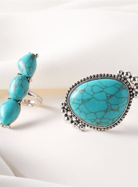 Retro Bohemian Style Big Turquoise 2Piece Set Rings for Wome