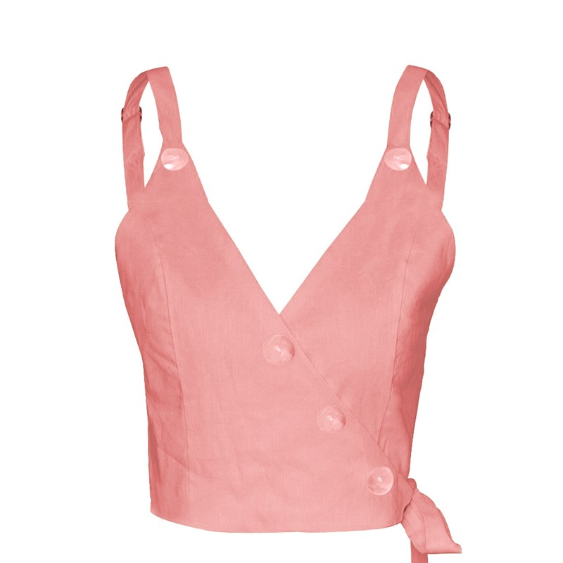 2025 Strappy Buttoned Vneck Crop Tops for Women Spring Summe - 图1