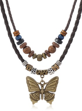 European American Butterflyshaped Wooden Bead Doublelayer Ne