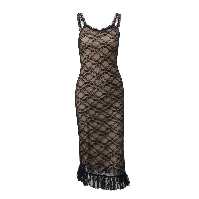 Sexy VNeck LowCut Lace Mesh Splice Dress for Fall 2025 Ins E - 图2