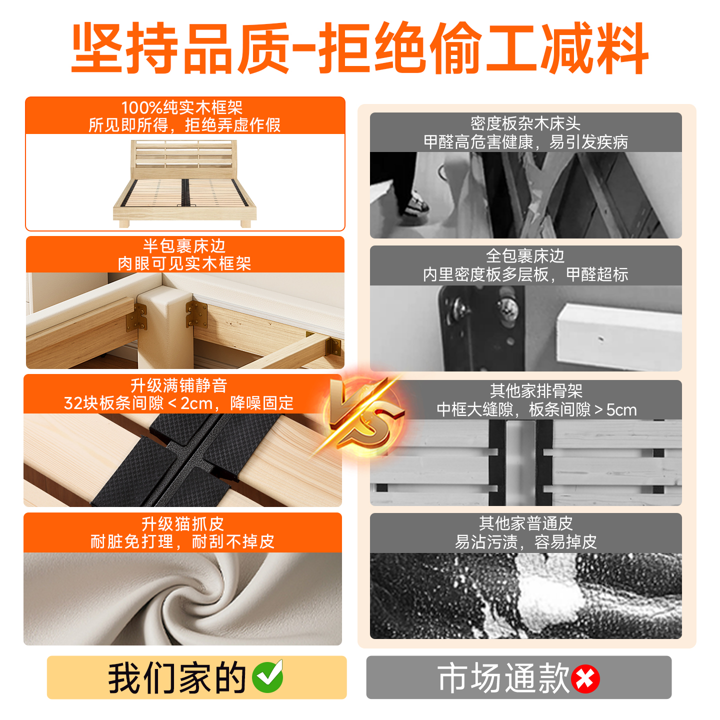 全实木薄床头钢木齐边薄靠背静音悬浮床可定制任意尺寸排骨架床架 - 图2