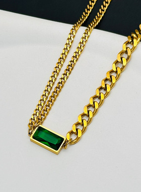 英国Chrry Koop钛钢复古高级感绿色钻项链森系气质锁骨链简约