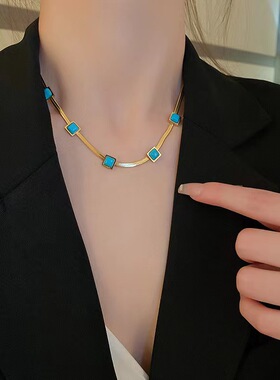 英国chrry koop绿松石方块欧美小众设计感时尚锁骨链波西米亚钛