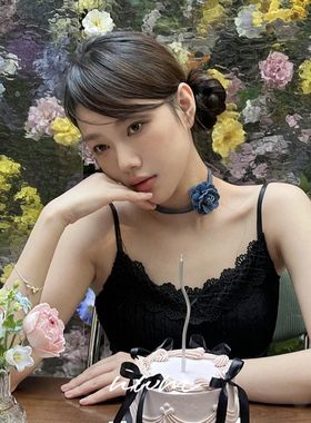蓝色牛仔山茶花颈链choker项链女