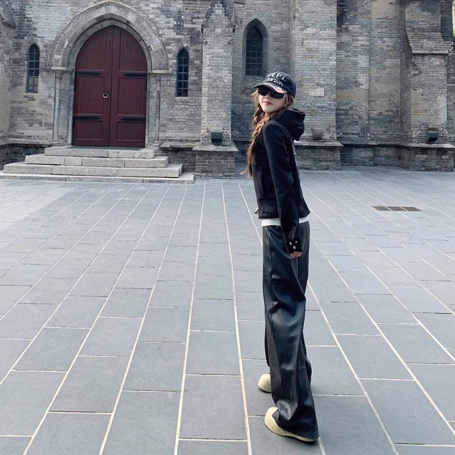 罗诚意【超模比例裤】秋季黑色直筒PU皮裤女宽松显瘦休闲百搭长裤,淘宝优惠券,粉丝福利购,淘宝优惠卷