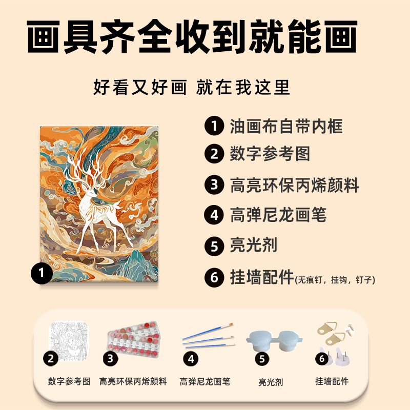 敦煌瑞兽国潮数字油画diy填充色手工绘九色神鹿凤凰丙烯画装饰画