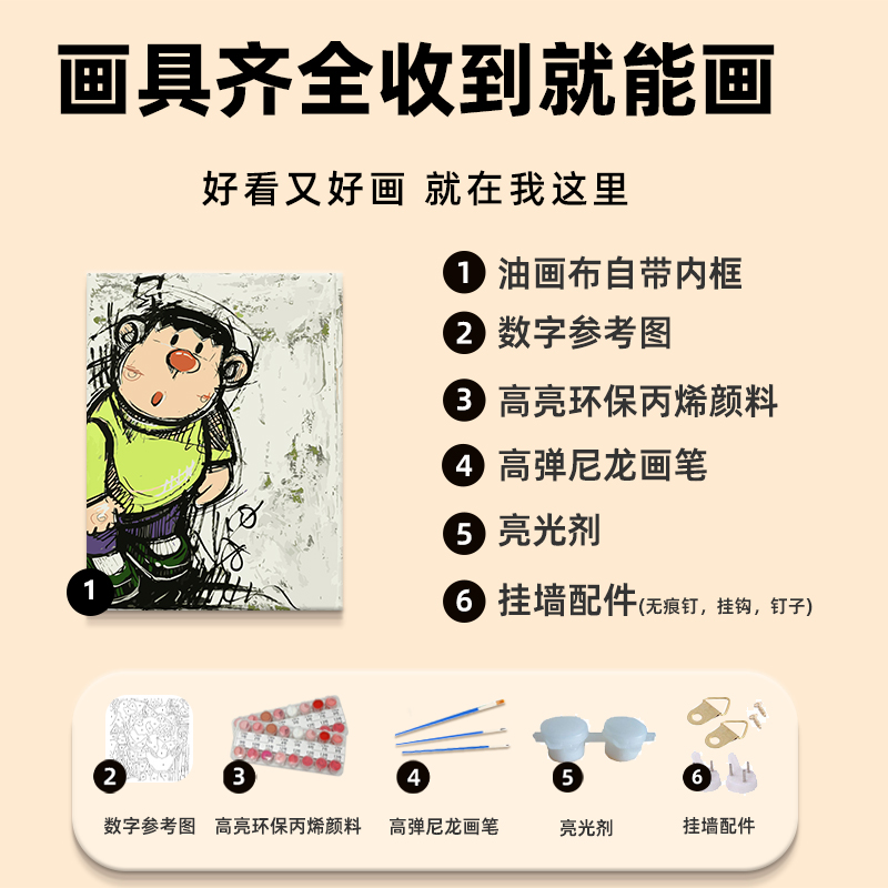胖虎潮流丙烯画数字油画diy填充填色手工绘卡通涂鸦油彩画装饰画