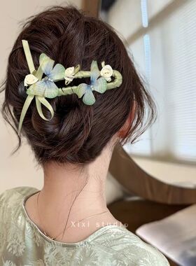高级花朝花暮绿色蝴蝶结发夹