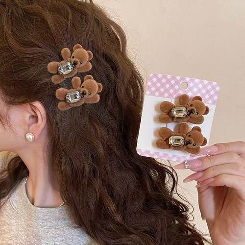 慵懒小熊闪钻发夹女前额刘海夹子侧边夹2025新款高端头饰碎发卡 - 图0