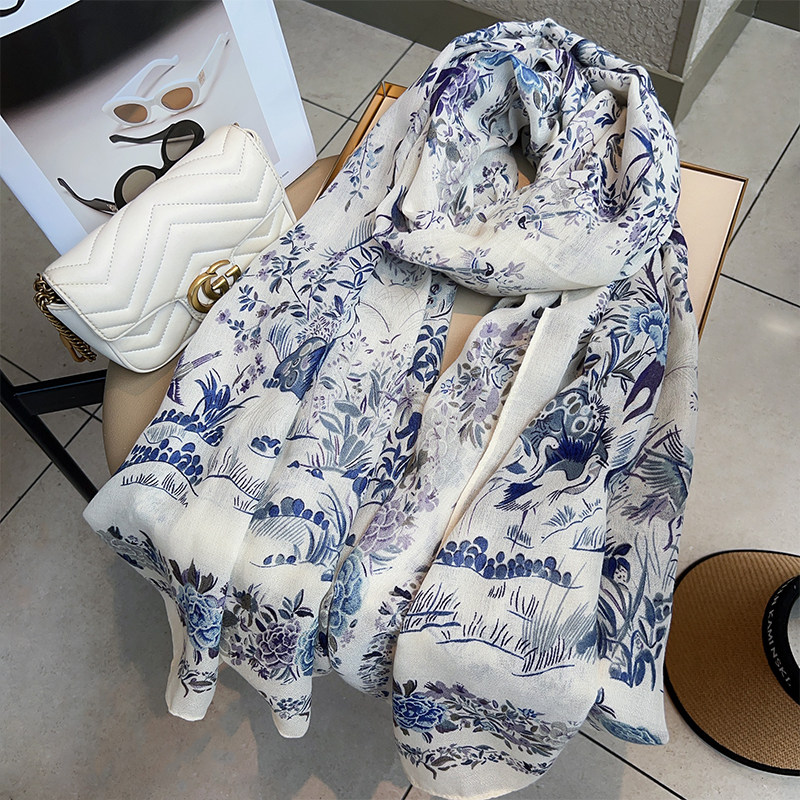 棉麻围巾女原创设计鸟语花香田园风百搭保暖靓丽护颈披肩春秋新款,淘宝优惠券,粉丝福利购,淘宝优惠卷