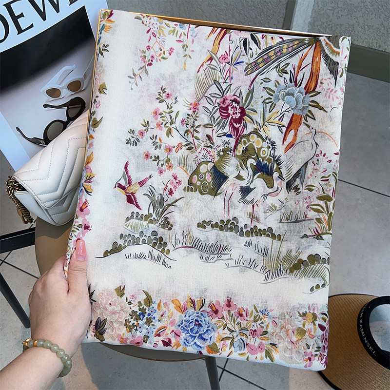 棉麻围巾女原创设计鸟语花香田园风百搭保暖靓丽护颈披肩春秋新款,淘宝优惠券,粉丝福利购,淘宝优惠卷