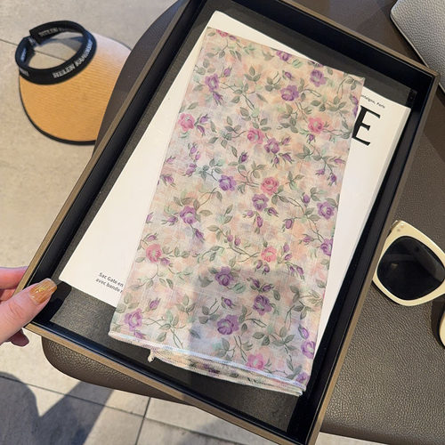 曼塔紫玫瑰棉麻小方巾春夏拍照防晒包头巾58透气柔软田园护颈领巾 - 图2