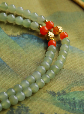 新疆和田玉苹果绿108颗佛珠手串