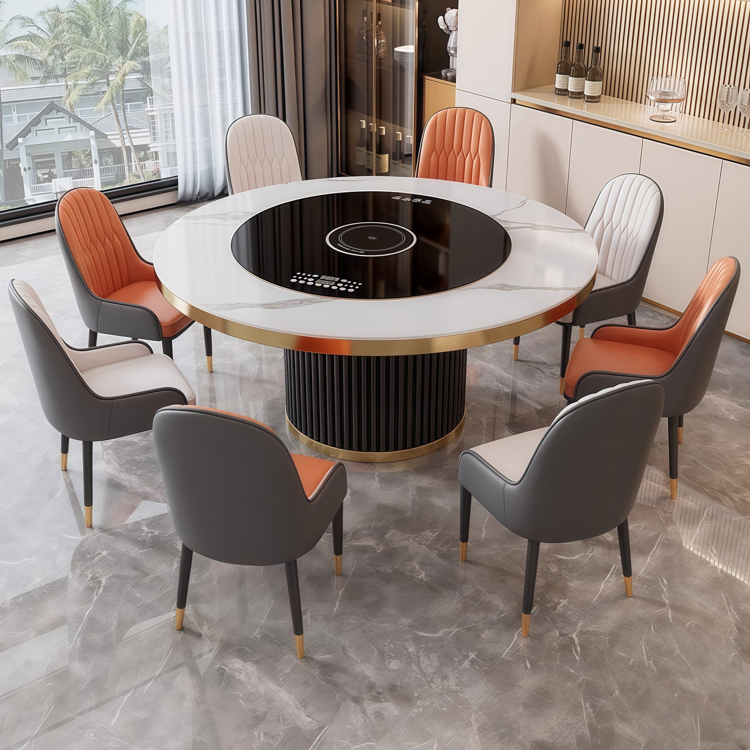 轻奢内嵌岩板餐桌多功能电动暖菜板电磁炉转盘小户型圆桌加热保温 - 图1
