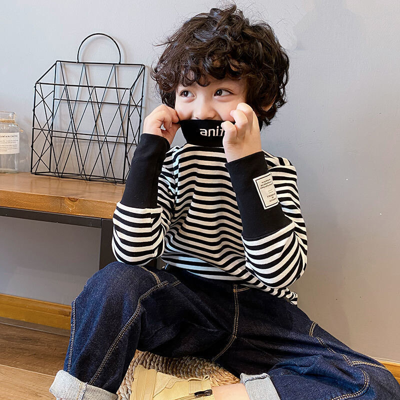 童装男女童条纹春秋新款打底衫秋冬中半高领一体加绒T恤保暖上衣,淘宝优惠券,粉丝福利购,淘宝优惠卷