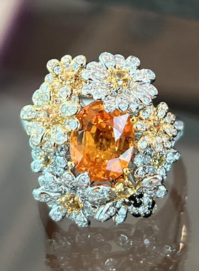 天然芬达石花瓣雏菊18K钻石戒指