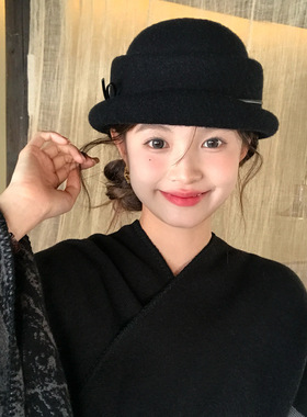 黑色礼帽贝雷帽女女法式赫本风