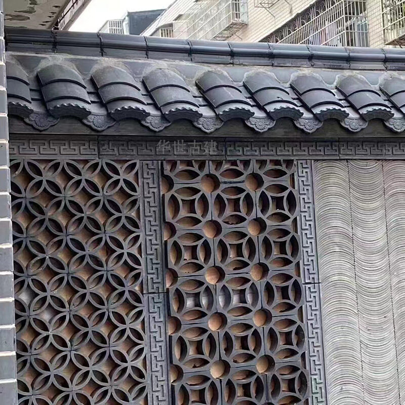 青瓦古建瓦中式院墙景墙拼花瓦四角窗花八字铜钱瓦中式庭院墙花窗