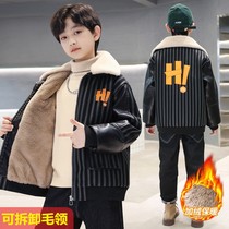 Boy Clothing Boy Gush Leather Coat Jacket Autumn Winter 2023 New CUHK Children Thickened Warm Winter Jacket Blouse