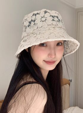 盐甜交织~早春新款网纱薄款气质渔夫帽女韩系大檐遮阳防晒水桶帽