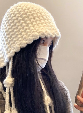 手工款流苏球球红色针织毛线帽保暖包头帽冬天护耳绑带帽潮帽子女