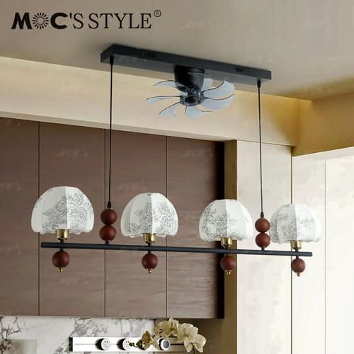 默川法式复古宋氏美学餐厅吊扇灯实木奶油中古风书房餐桌风扇吊灯 - 图0