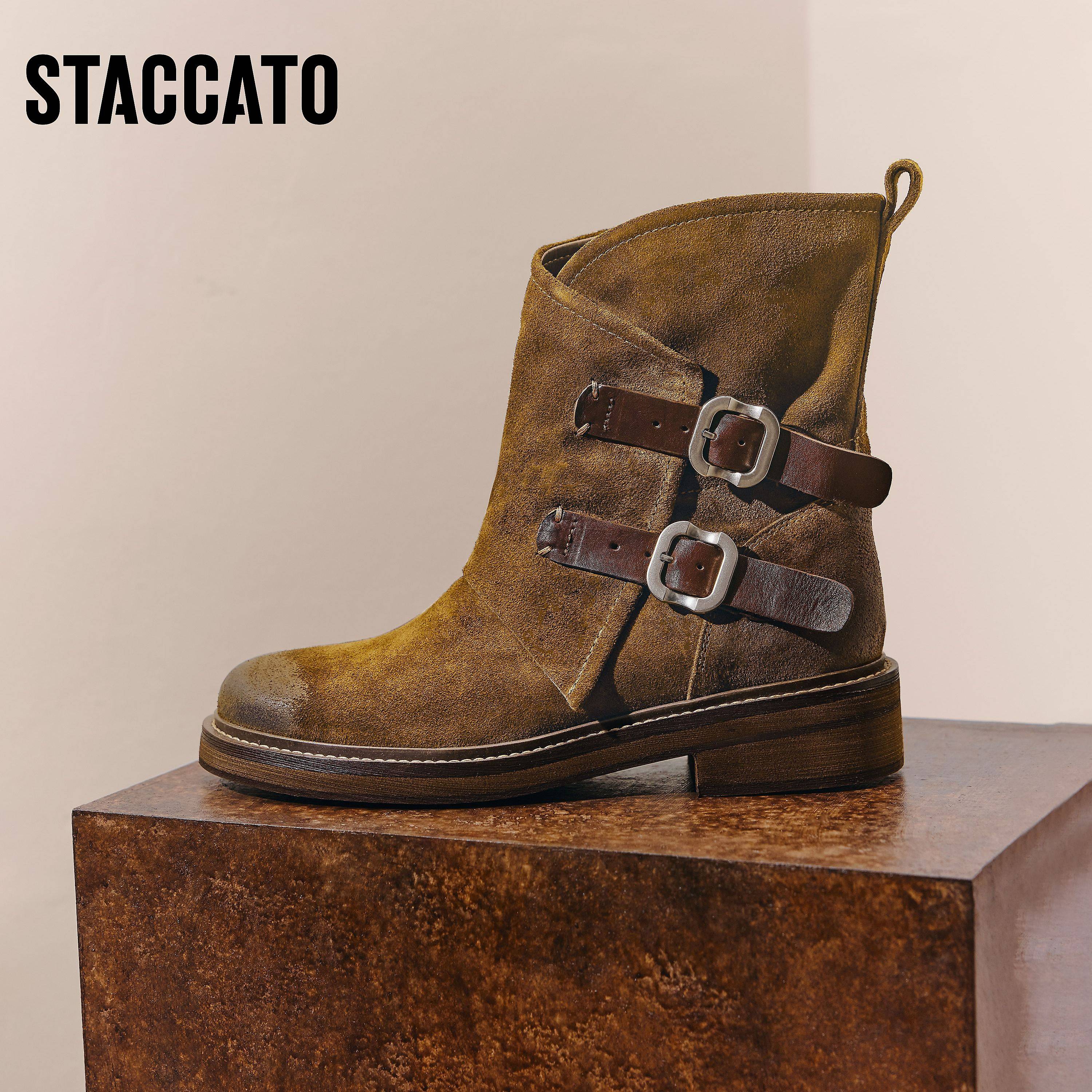 思加图2025冬季新款复古西部靴牛仔靴中靴时装靴粗跟女靴C0085DZ5 - 图0