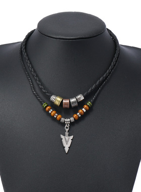 TEMU希音 跨境新品1件套双层个性时尚蜡线串珠木珠箭头项链吊坠