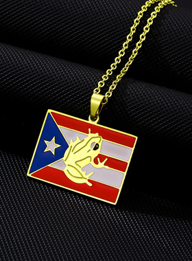 TEMU欧美复古不锈钢波多黎各旗帜项链男女情侣民族风义乌配饰