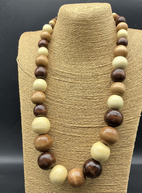 necklace圆木珠子套头项链波西米亚风文艺复古木饰品shein temu款