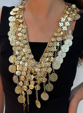 Temu爆款复古钱币项链 时尚设计性感多层流苏硬币吊坠金属项链女