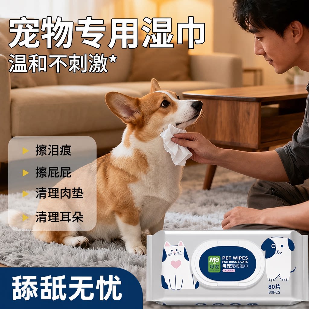 每宠宠物湿巾猫咪狗狗专用湿巾纸免洗擦脚泪痕清洁用品湿纸巾80片