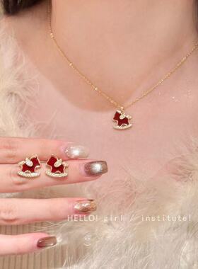 复古红色滴釉闪钻小马项链耳环