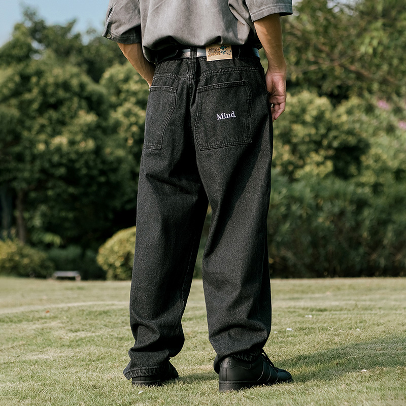MindError ME Emb Jeans小象刺绣Logo宽松直筒水洗滑板运动牛仔裤