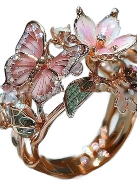 欧美热卖新款彩色滴油戒蝴蝶指新品时尚开口戒指精品花朵装饰戒指