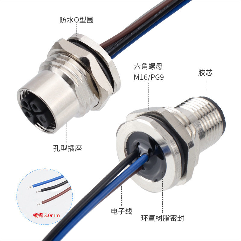 正成M12焊线式防水连接器电源K型板前后内置灌胶接线3PIN45芯插座,淘宝优惠券,粉丝福利购,淘宝优惠卷