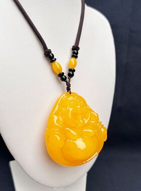 高端蜜蜡色佛像吊坠项链琥珀血珀大肚笑佛白蜜挂坠观音男女毛衣链