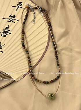 双层叠带绿色小众设计复古毛衣链