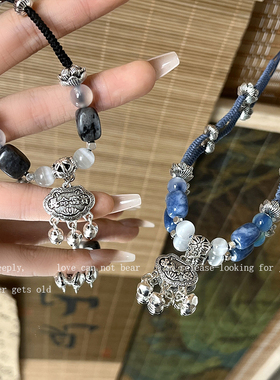 新中式复古做旧平安锁吊坠锁骨链