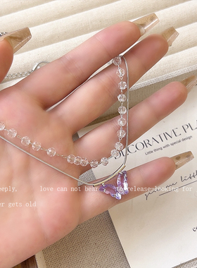 双层锆石紫色蝴蝶甜酷风锁骨链