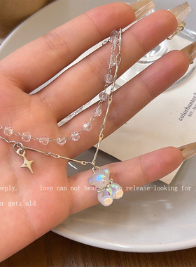 双层串珠炫彩小熊甜酷叠带锁骨链