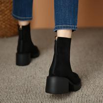 Real leather high heel short boot female autumn winter plus suede 2023 new elastic thin skinny boots thick bottom frosted coarse heel Martin boots woman