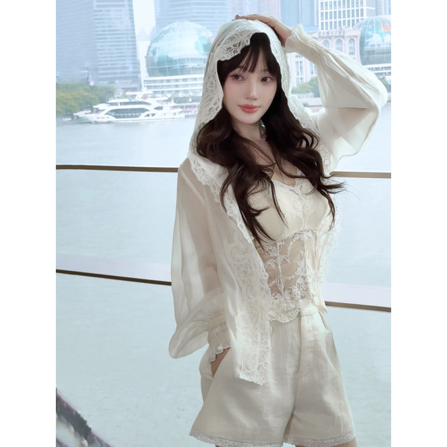 Lulusmiracle Fu Feng Shirt Li Xiaolu Summer Super Western Style Lace Hooded Sun Protection Shirt Jacket ສໍາລັບແມ່ຍິງ