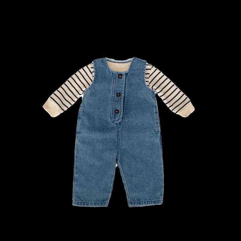 2024春季婴幼儿0-3岁女宝条纹上衣衣服+牛仔背心长爬衣服两件套装 - 图2