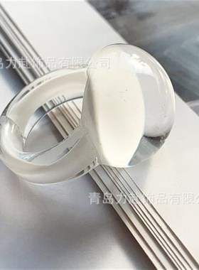 半圆弧形立体玻璃戒指白色穿搭时尚指环琉璃多色食指环透明戒