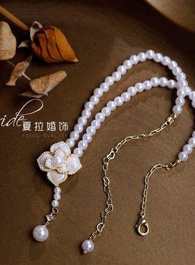 法式复古珍珠项链香风花朵花瓣锁骨链新娘颈链婚纱晚礼服宴会饰品